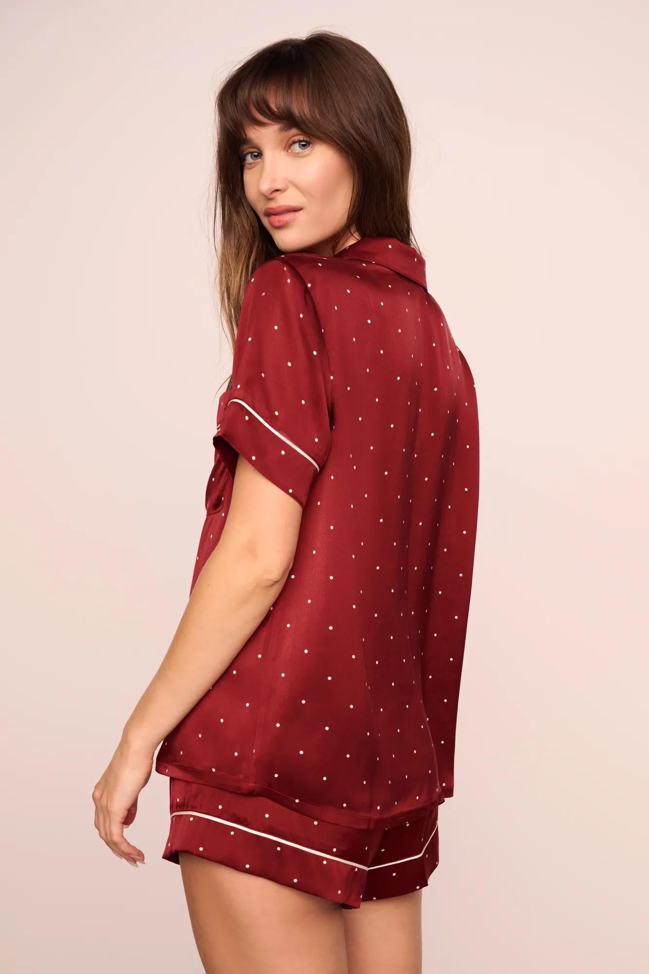 Model is wearing Inez Washable Silk Printed Short PJ Set in Dot Merlot/Ivory