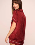 Model is wearing Inez Washable Silk Printed Short PJ Set in Dot Merlot/Ivory
