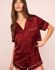 Model is wearing Inez Washable Silk Printed Short PJ Set in Dot Merlot/Ivory