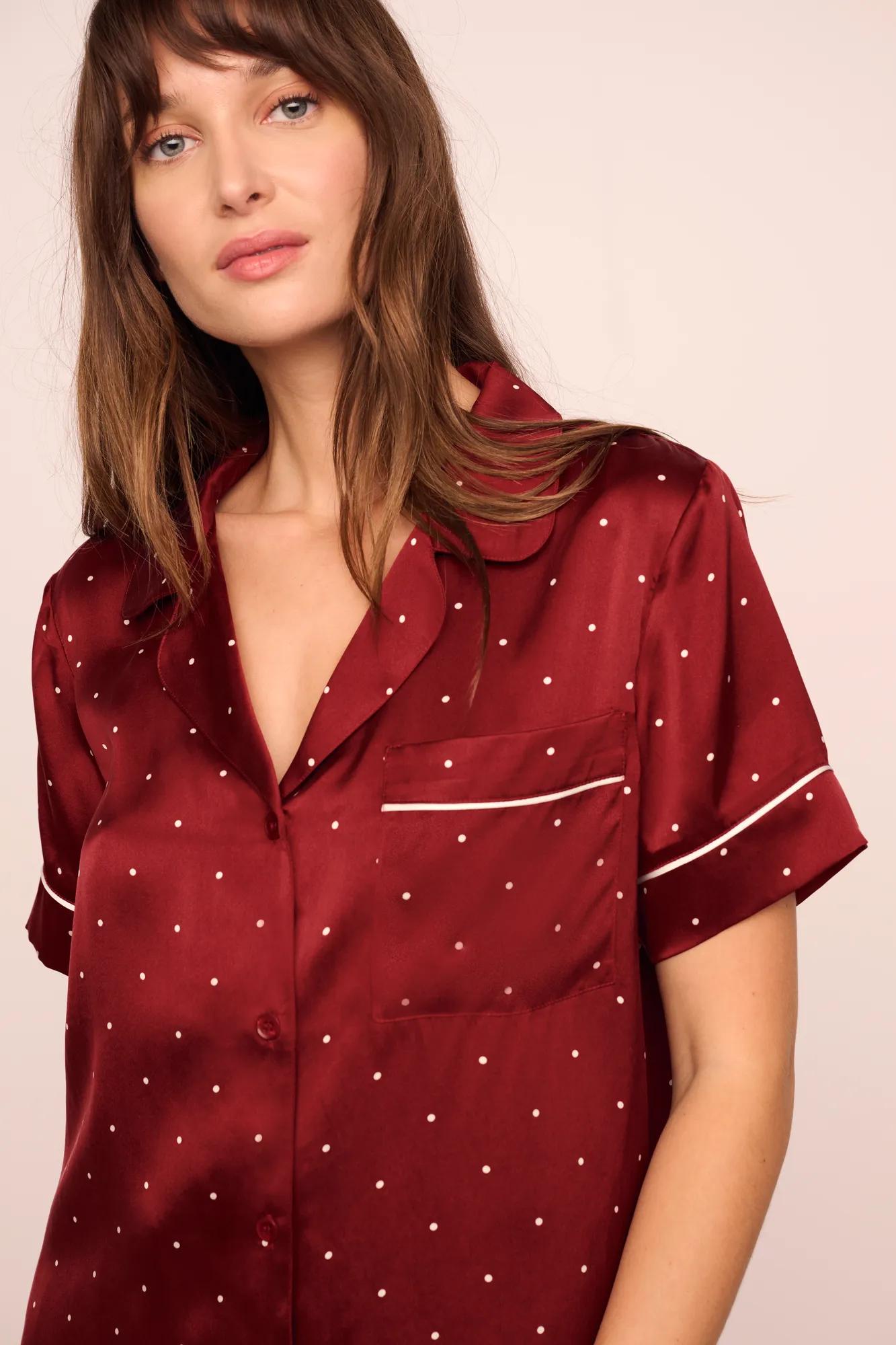 Model is wearing Inez Washable Silk Printed Short PJ Set in Dot Merlot/Ivory