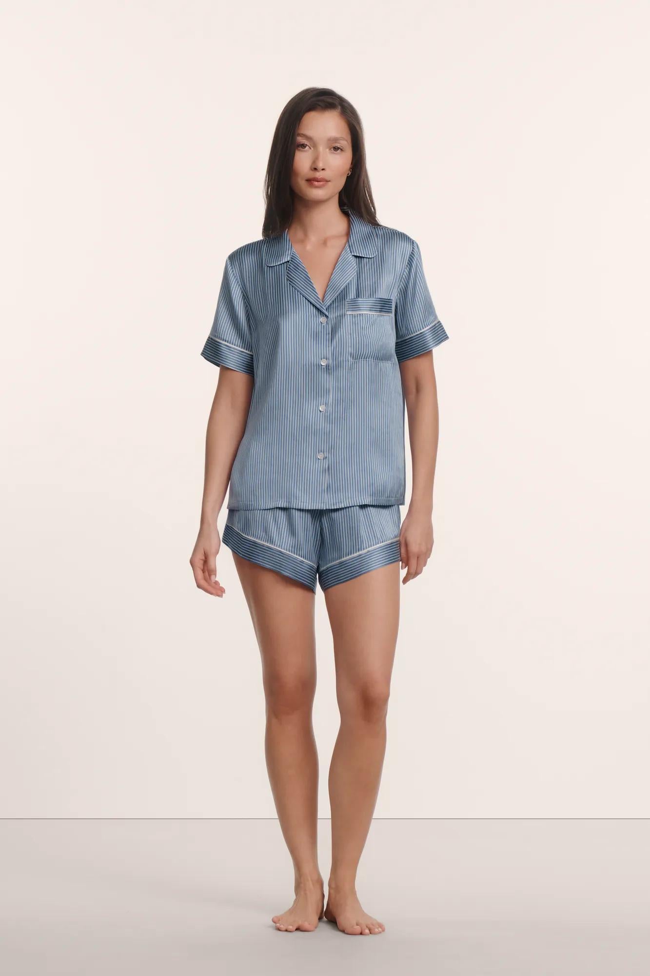 Model is wearing Inez Washable Silk Printed Short PJ Set in Duo Stripe Slate Blue/Ivory