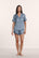 Model is wearing Inez Washable Silk Printed Short PJ Set in Duo Stripe Slate Blue/Ivory