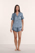 Model is wearing Inez Washable Silk Printed Short PJ Set in Duo Stripe Slate Blue/Ivory