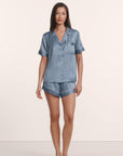 Model is wearing Inez Washable Silk Printed Short PJ Set in Duo Stripe Slate Blue/Ivory