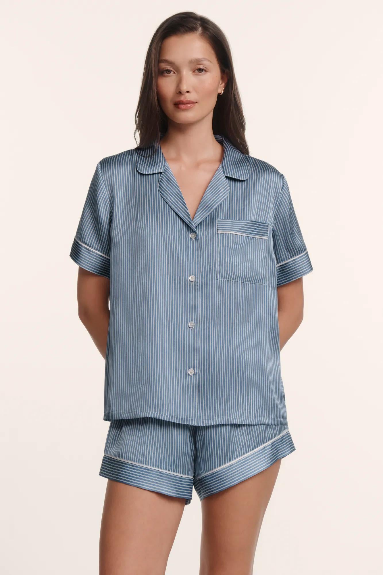 Model is wearing Inez Washable Silk Printed Short PJ Set in Duo Stripe Slate Blue/Ivory