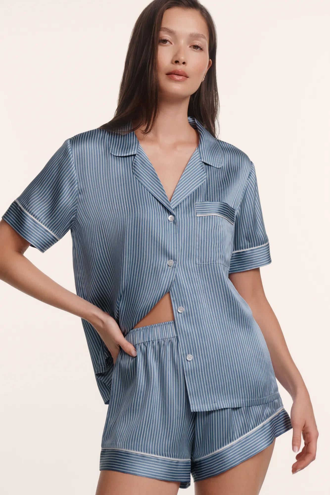 Model is wearing Inez Washable Silk Printed Short PJ Set in Duo Stripe Slate Blue/Ivory