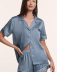 Model is wearing Inez Washable Silk Printed Short PJ Set in Duo Stripe Slate Blue/Ivory