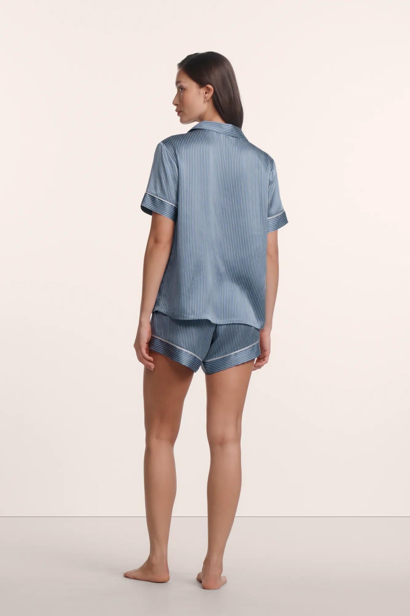 Model is wearing Inez Washable Silk Printed Short PJ Set in Duo Stripe Slate Blue/Ivory
