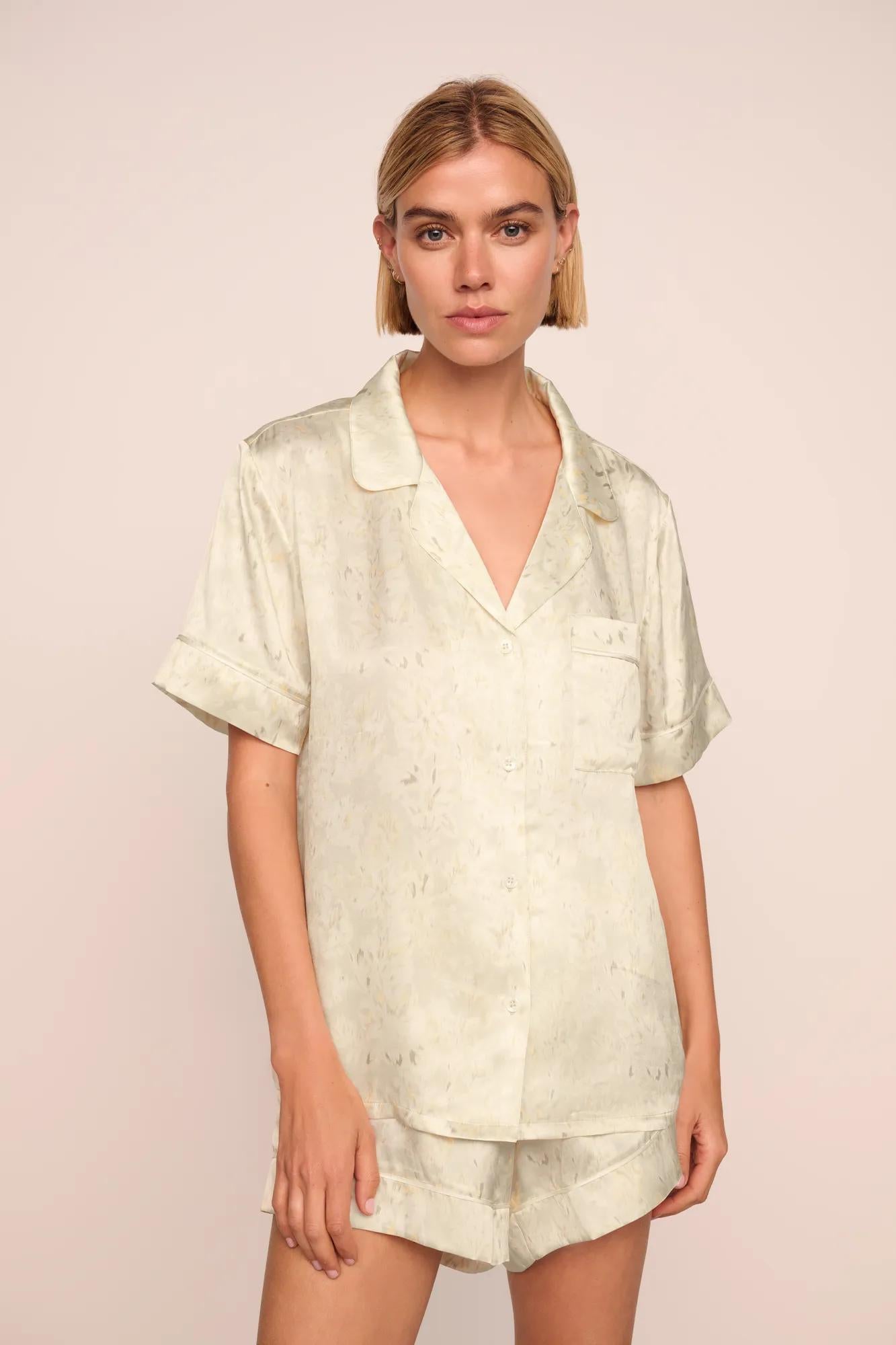 Model is wearing Inez Washable Silk Printed Short PJ Set in Foliage Mint Cream/Ivory