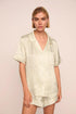Model is wearing Inez Washable Silk Printed Short PJ Set in Foliage Mint Cream/Ivory