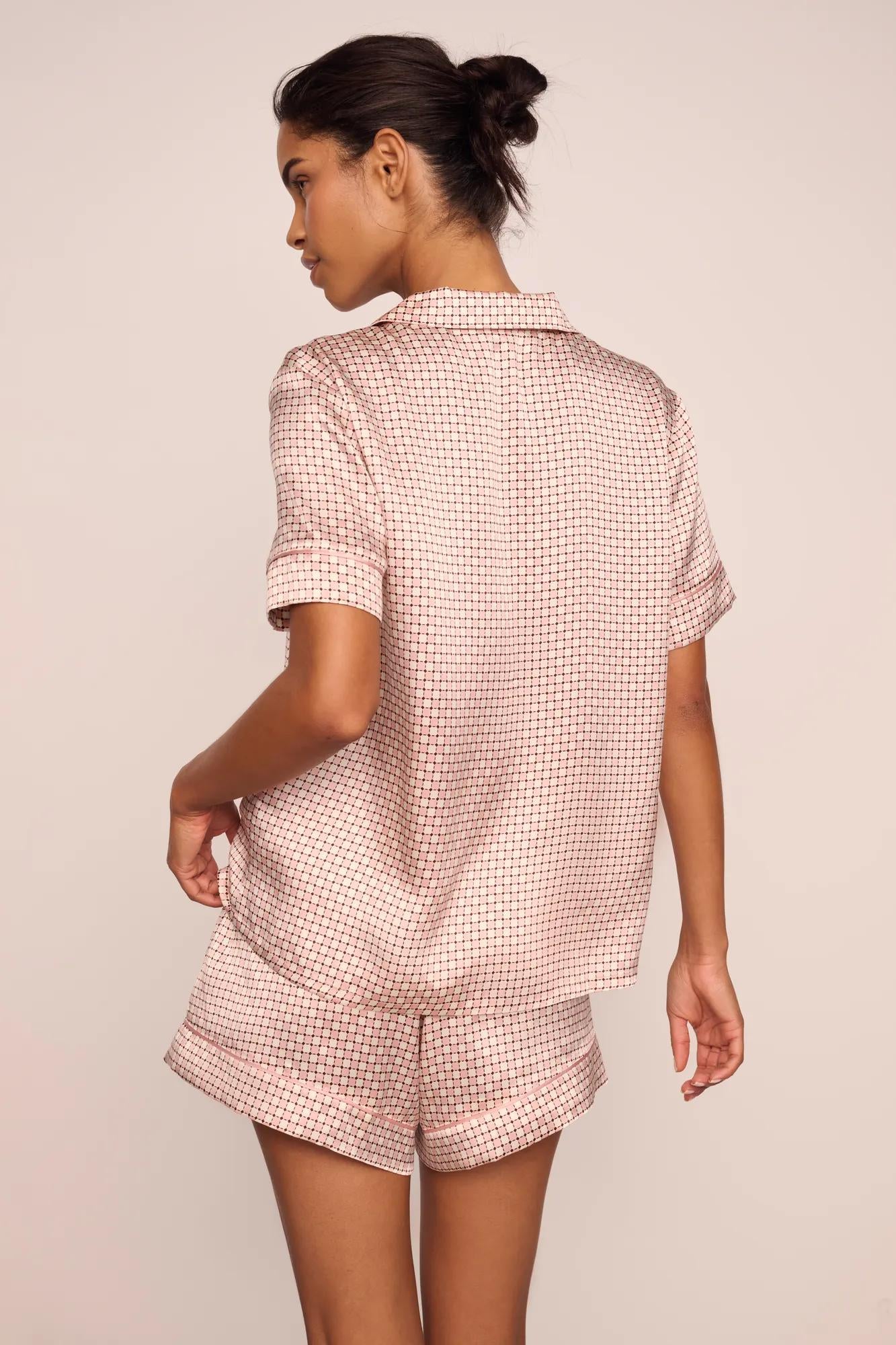 Model is wearing Inez Washable Silk Printed Short PJ Set  in Geosphere Silver Pink/Silverpi