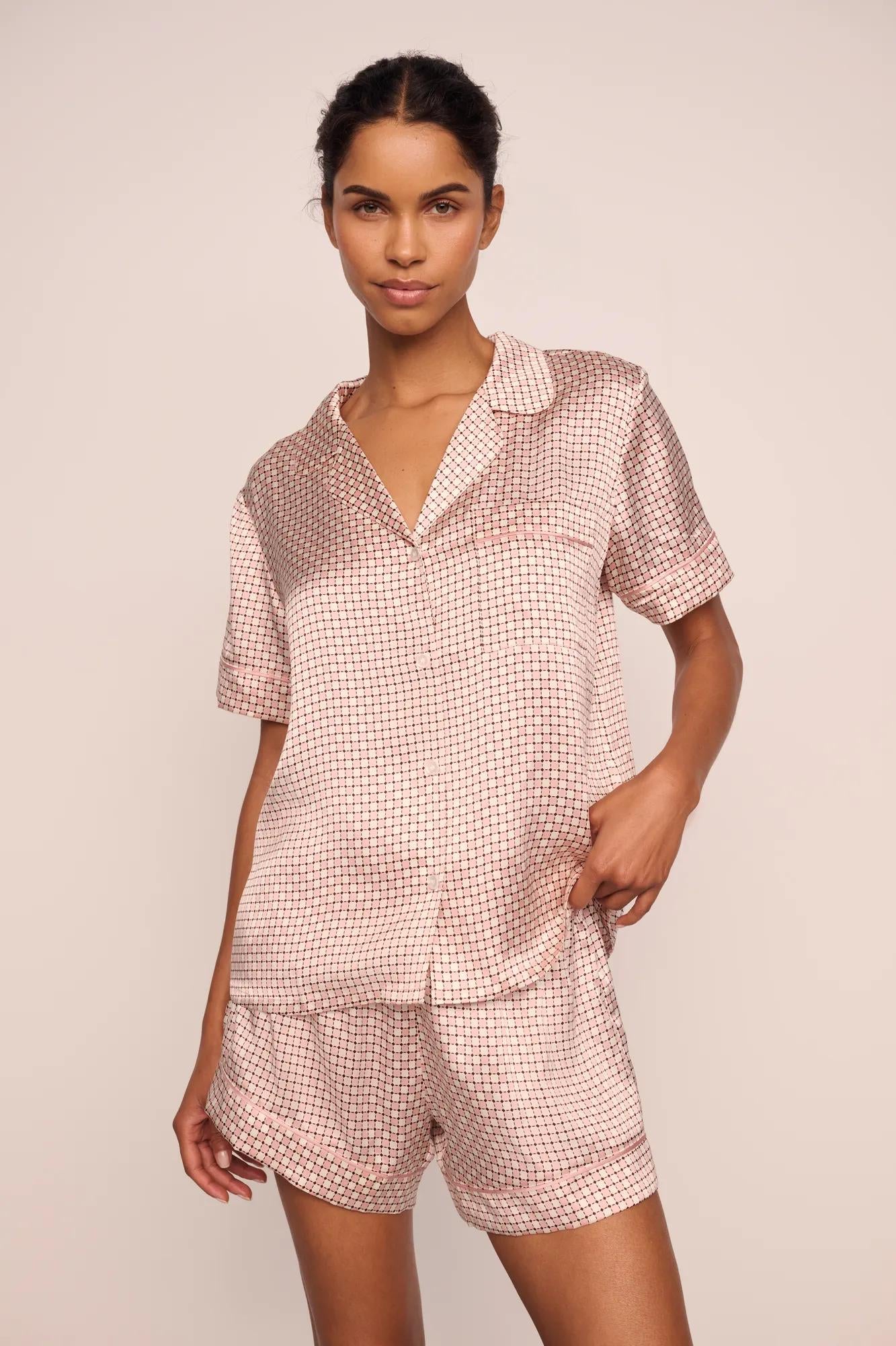 Model is wearing Inez Washable Silk Printed Short PJ Set  in Geosphere Silver Pink/Silverpi