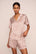 Model is wearing Inez Washable Silk Printed Short PJ Set  in Geosphere Silver Pink/Silverpi