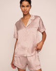 Model is wearing Inez Washable Silk Printed Short PJ Set  in Geosphere Silver Pink/Silverpi