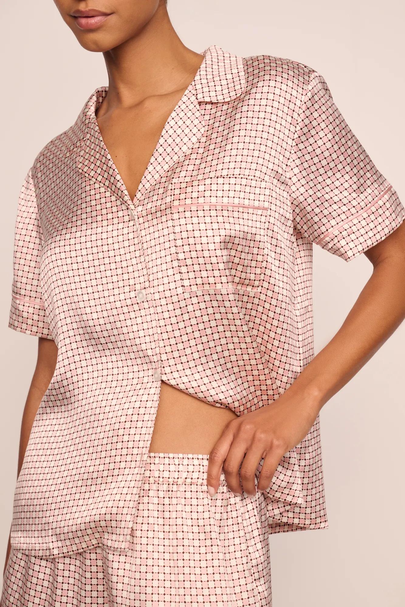 Model is wearing Inez Washable Silk Printed Short PJ Set  in Geosphere Silver Pink/Silverpi