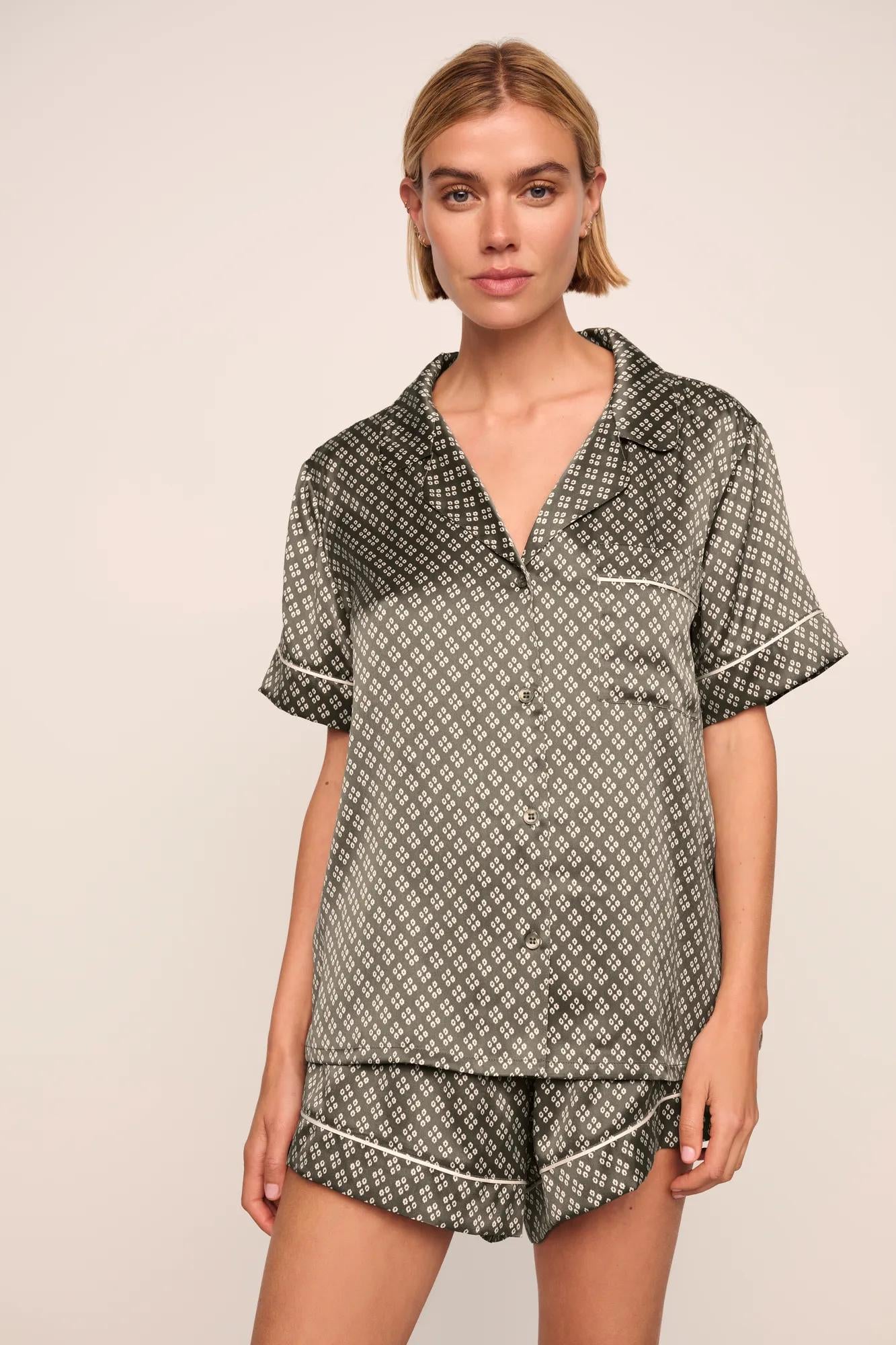 Model is wearing Inez Washable Silk Printed Short PJ Set in Petite Batik Smokeyolive/Ivory