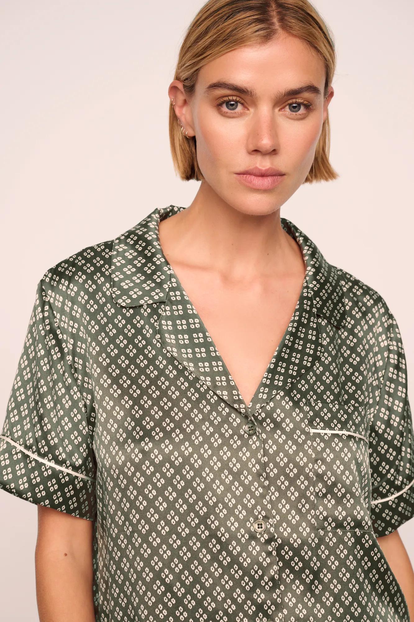 Model is wearing Inez Washable Silk Printed Short PJ Set in Petite Batik Smokeyolive/Ivory