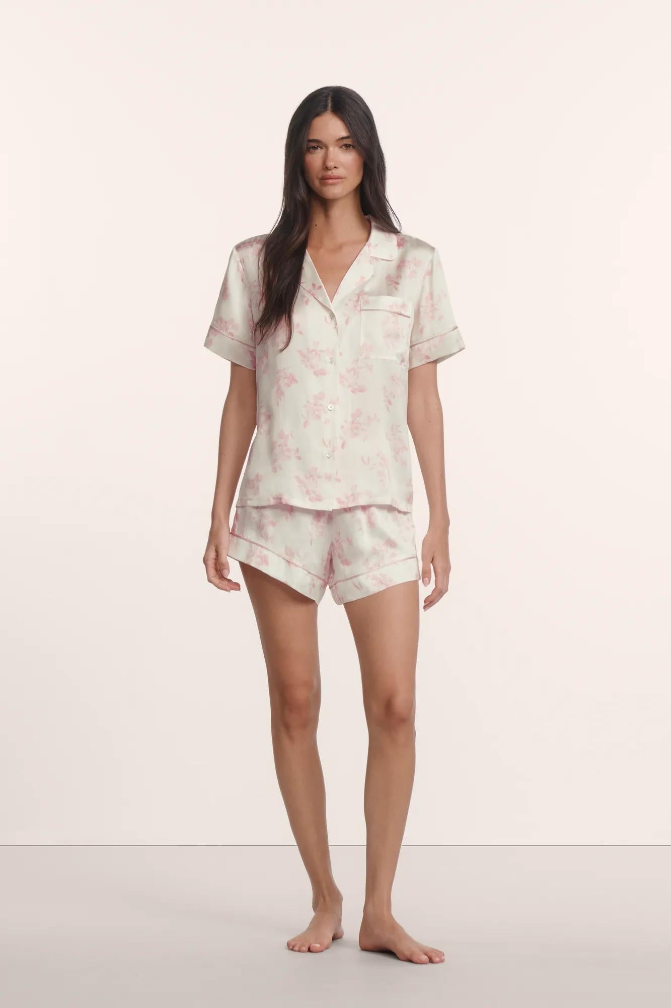 Model is wearing Inez Washable Silk Printed Short PJ Set in Rose Garden Cameo Pink/Pale Pi