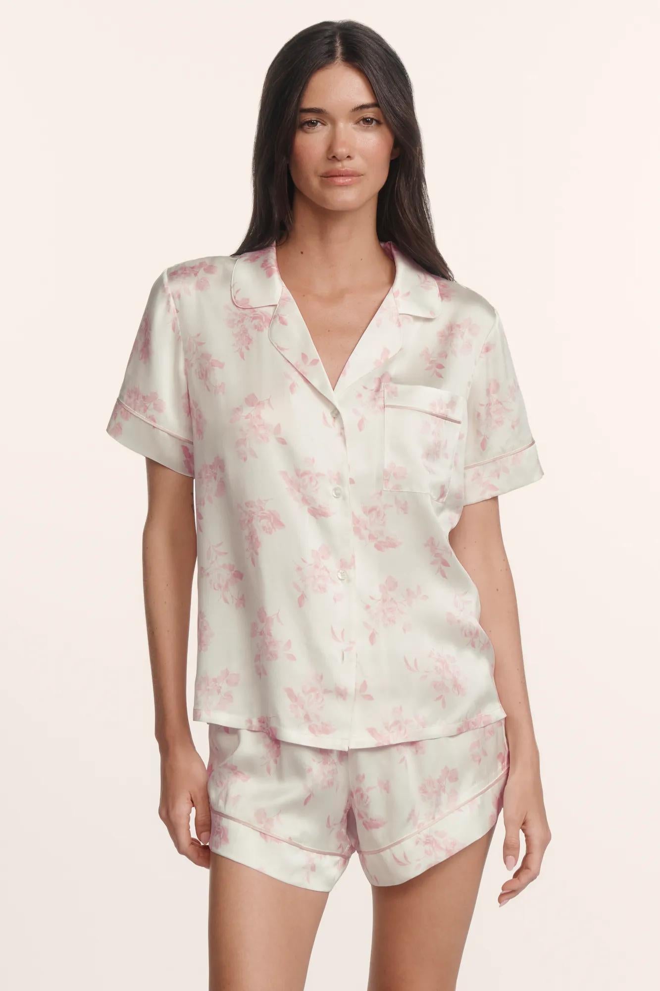 Model is wearing Inez Washable Silk Printed Short PJ Set in Rose Garden Cameo Pink/Pale Pi