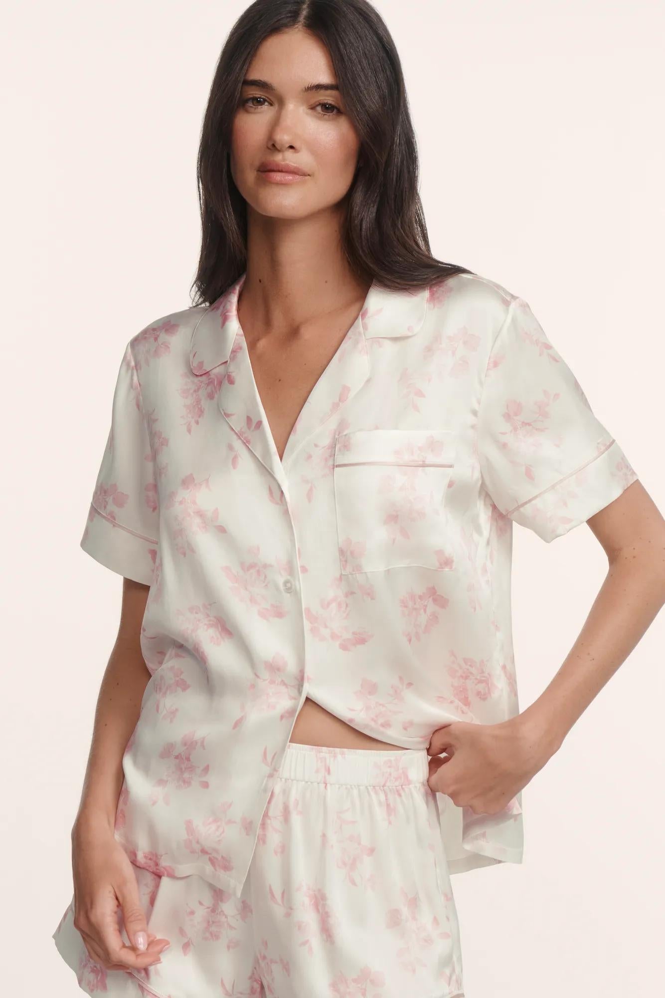 Model is wearing Inez Washable Silk Printed Short PJ Set in Rose Garden Cameo Pink/Pale Pi