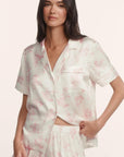 Model is wearing Inez Washable Silk Printed Short PJ Set in Rose Garden Cameo Pink/Pale Pi