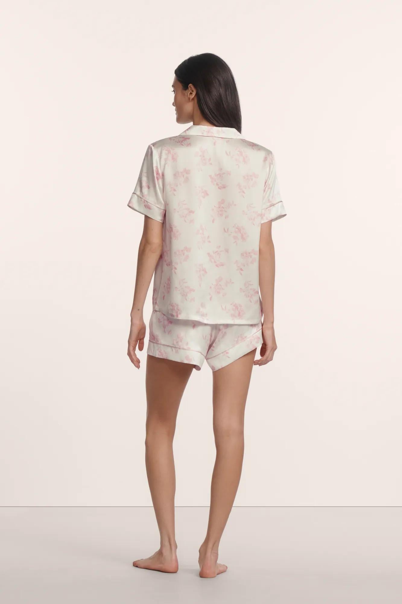 Model is wearing Inez Washable Silk Printed Short PJ Set in Rose Garden Cameo Pink/Pale Pi
