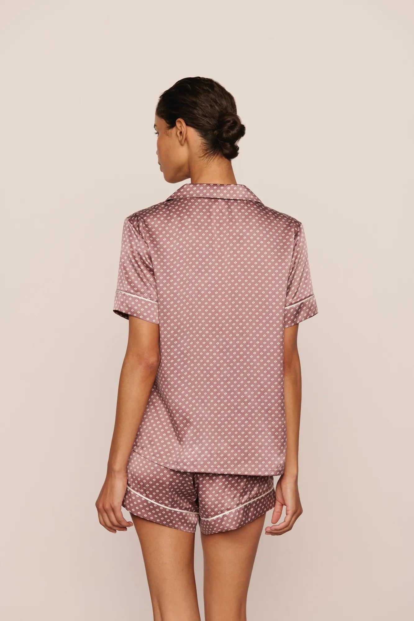 Model is wearing Inez Washable Silk Printed Short PJ Set in Tide Dot Fig/Ivory