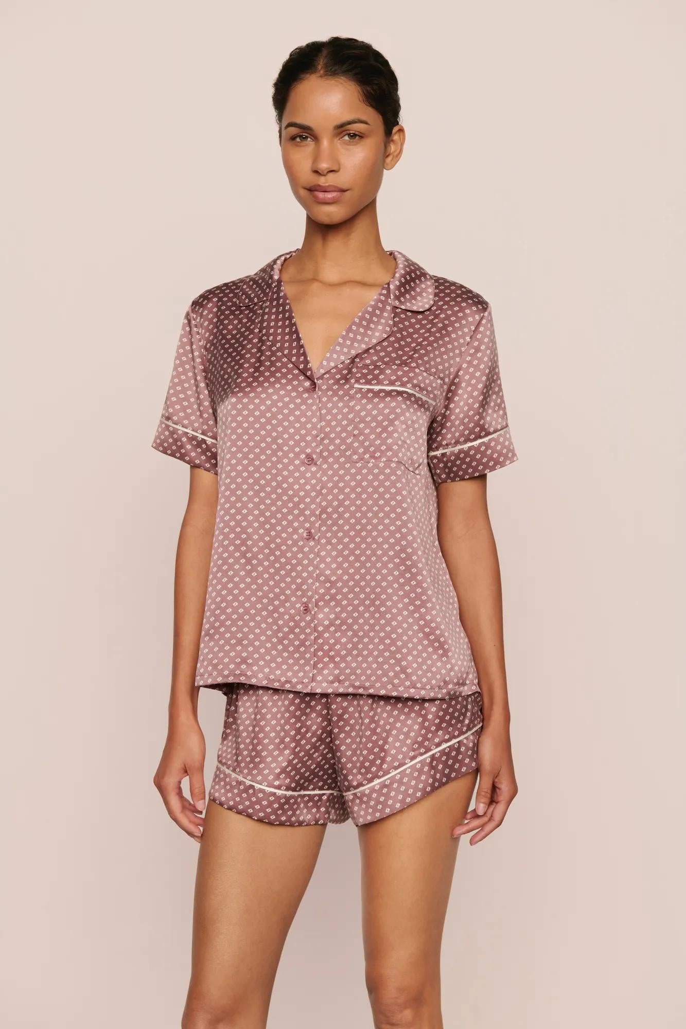 Model is wearing Inez Washable Silk Printed Short PJ Set in Tide Dot Fig/Ivory