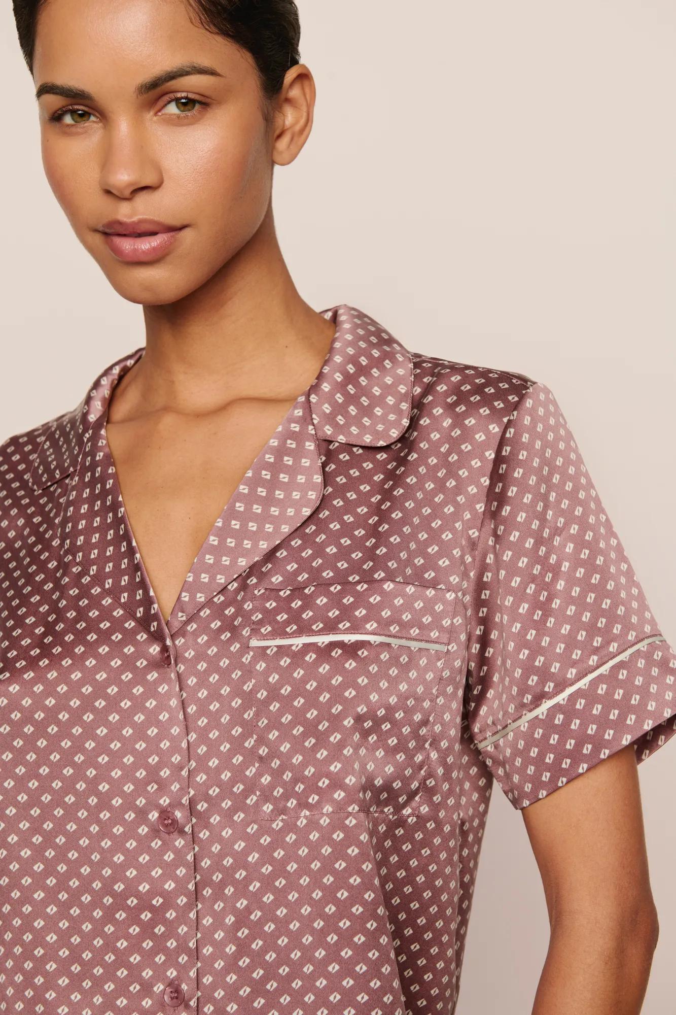 Model is wearing Inez Washable Silk Printed Short PJ Set in Tide Dot Fig/Ivory