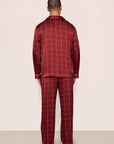 Model is wearing Charles Washable Silk Printed Long PJ Set in Simple Plaid Merlot/Ivory