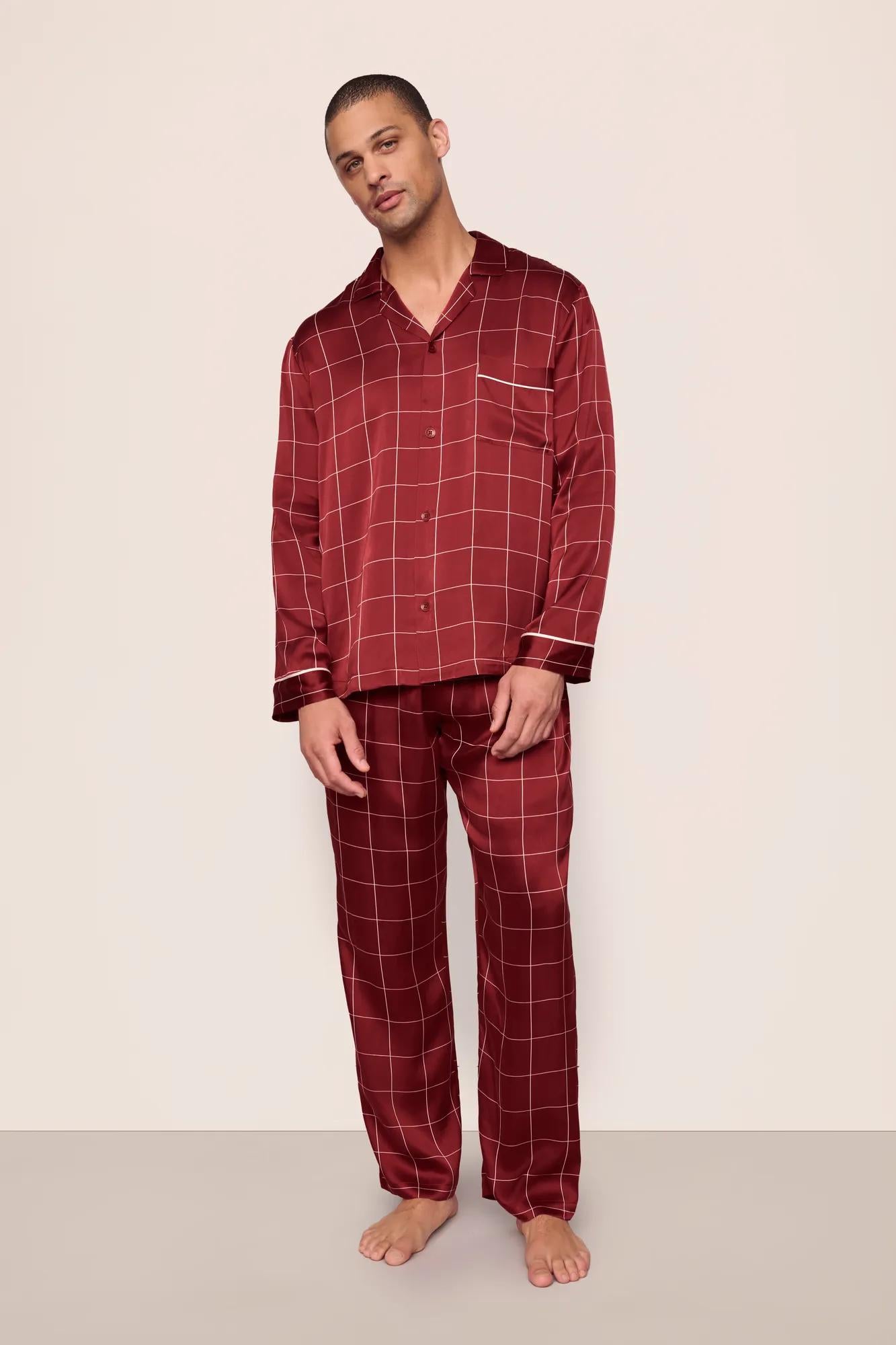 Model is wearing Charles Washable Silk Printed Long PJ Set in Simple Plaid Merlot/Ivory