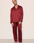 Model is wearing Charles Washable Silk Printed Long PJ Set in Simple Plaid Merlot/Ivory