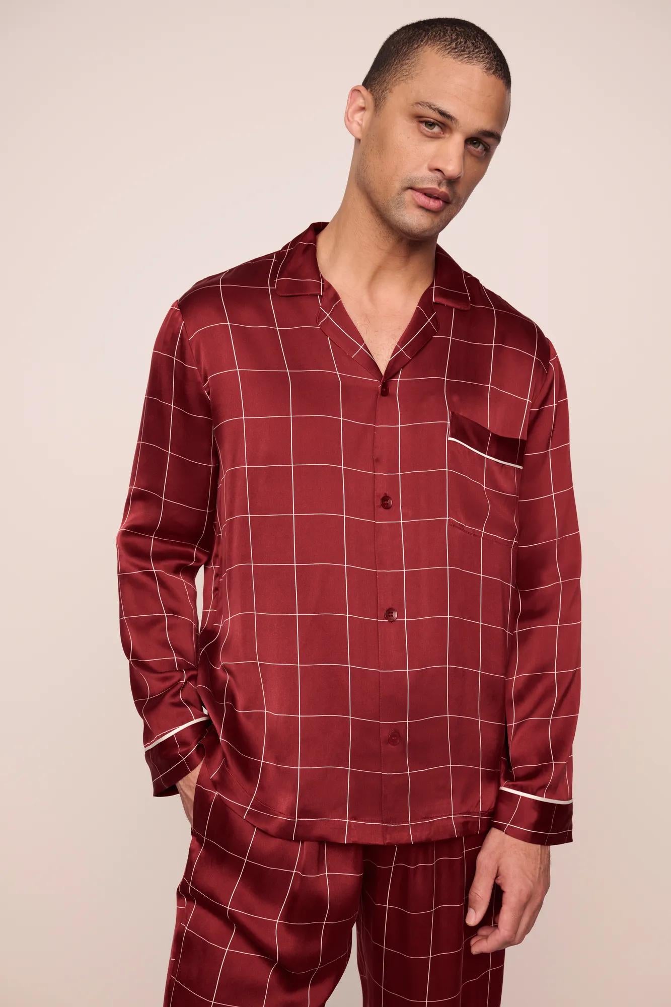 Model is wearing Charles Washable Silk Printed Long PJ Set in Simple Plaid Merlot/Ivory