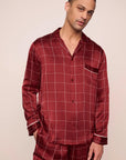Model is wearing Charles Washable Silk Printed Long PJ Set in Simple Plaid Merlot/Ivory