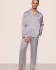 Model is wearing Inez Washable Silk Printed Long PJ Set  in  Tile Square Gray Dawn/Navy