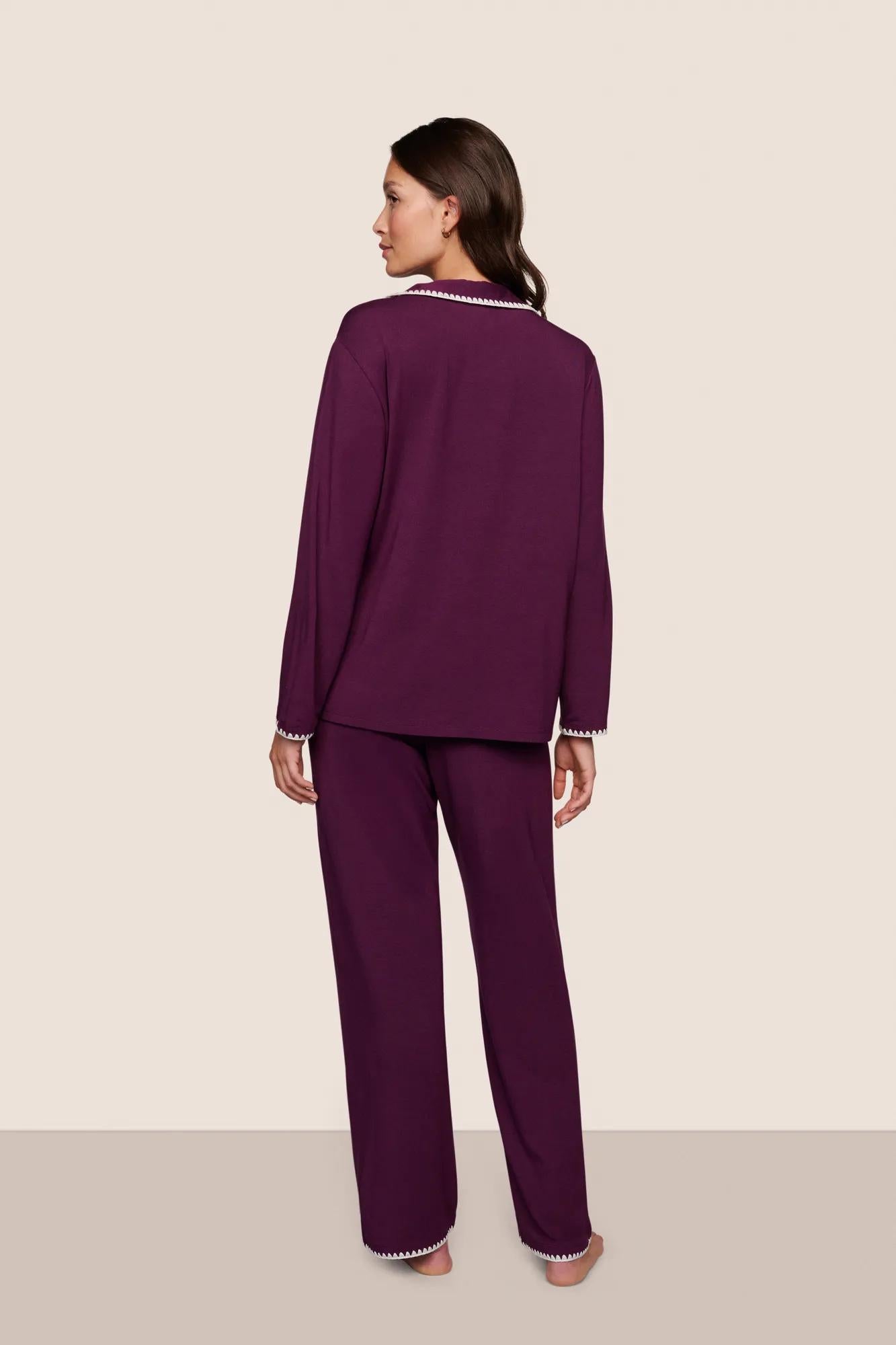 Model is wearing Frida TENCEL™ Modal Long PJ Set  in Plum/Ivory