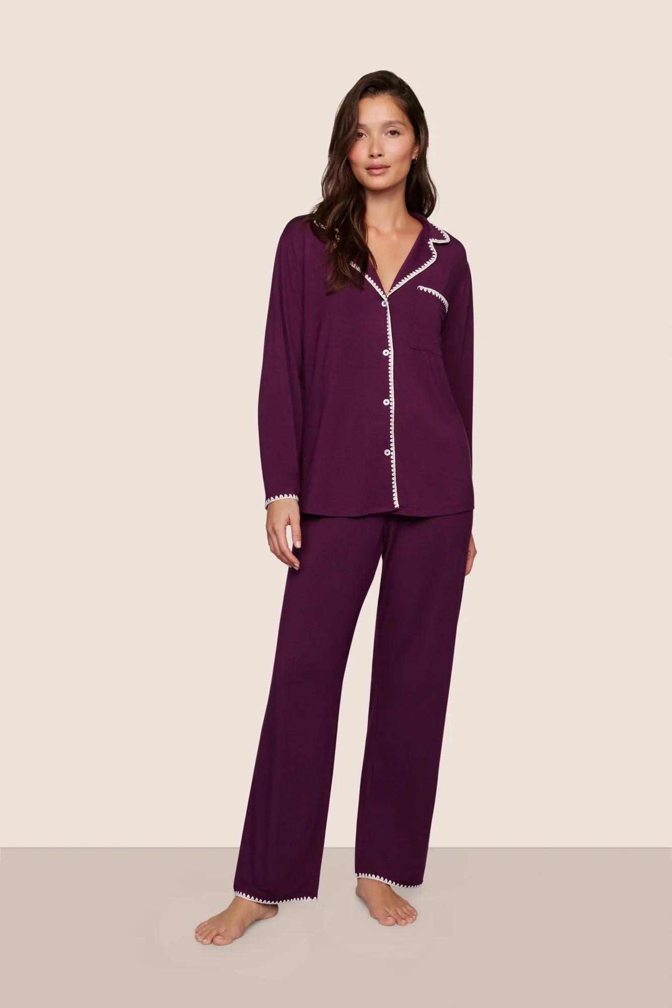 Model is wearing Frida TENCEL™ Modal Long PJ Set  in Plum/Ivory