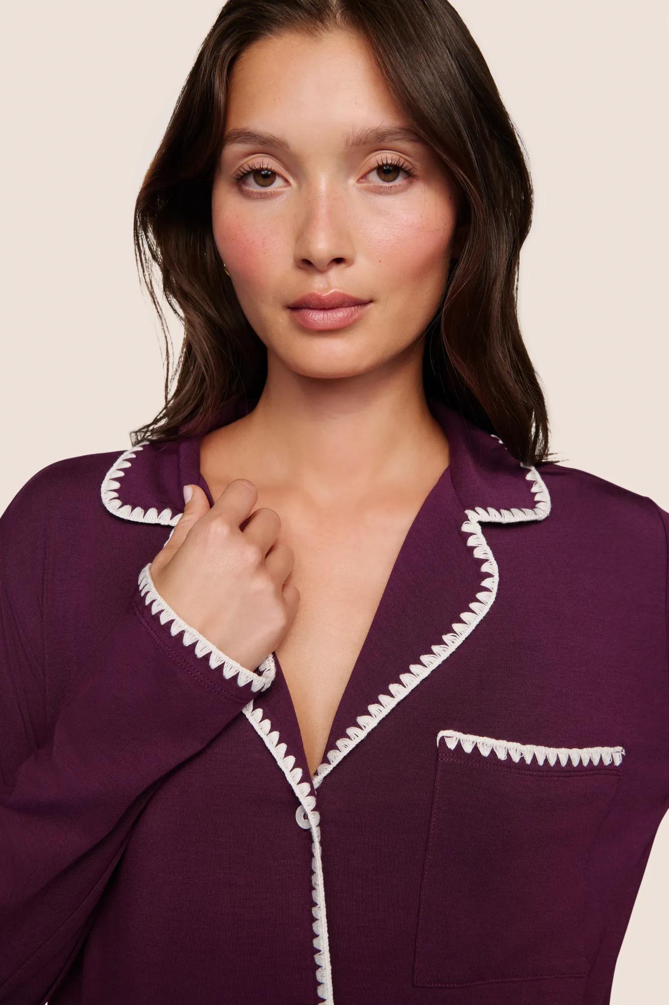 Model is wearing Frida TENCEL™ Modal Long PJ Set  in Plum/Ivory