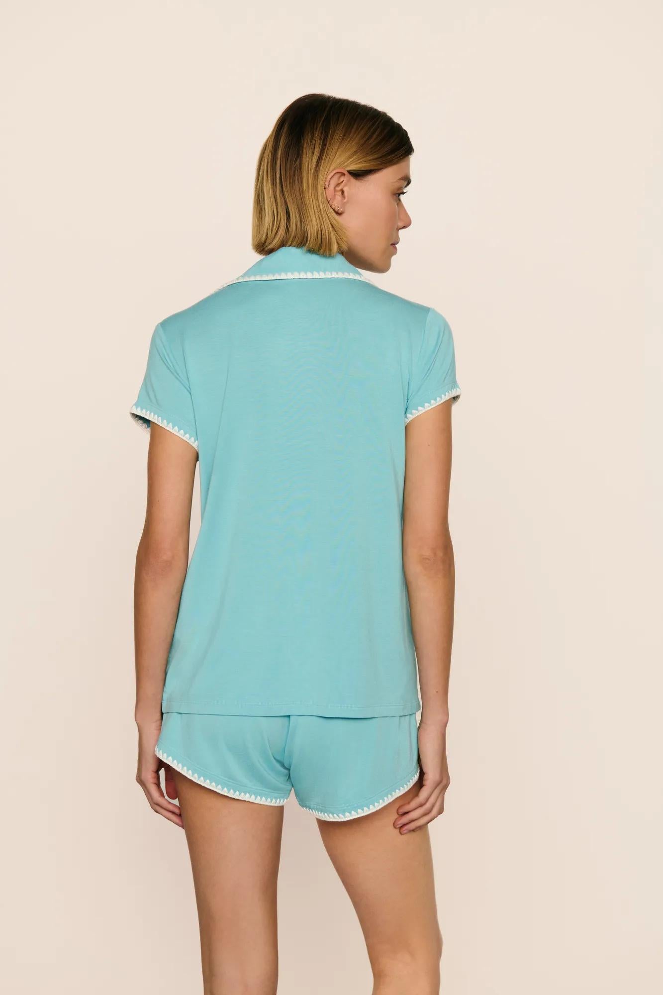 Model is wearing Frida TENCEL™ Modal Shortie Short PJ Set  in Blue Lagoon/Ivory