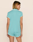 Model is wearing Frida TENCEL™ Modal Shortie Short PJ Set  in Blue Lagoon/Ivory