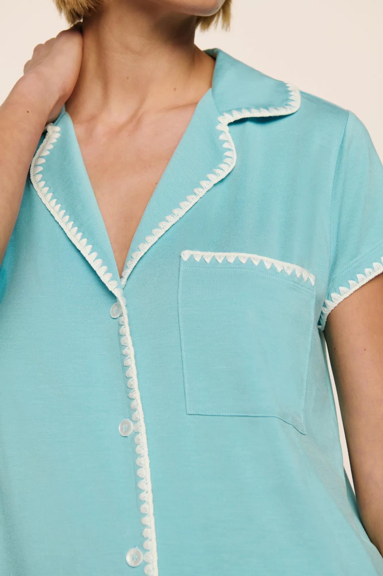 Model is wearing Frida TENCEL™ Modal Shortie Short PJ Set  in Blue Lagoon/Ivory