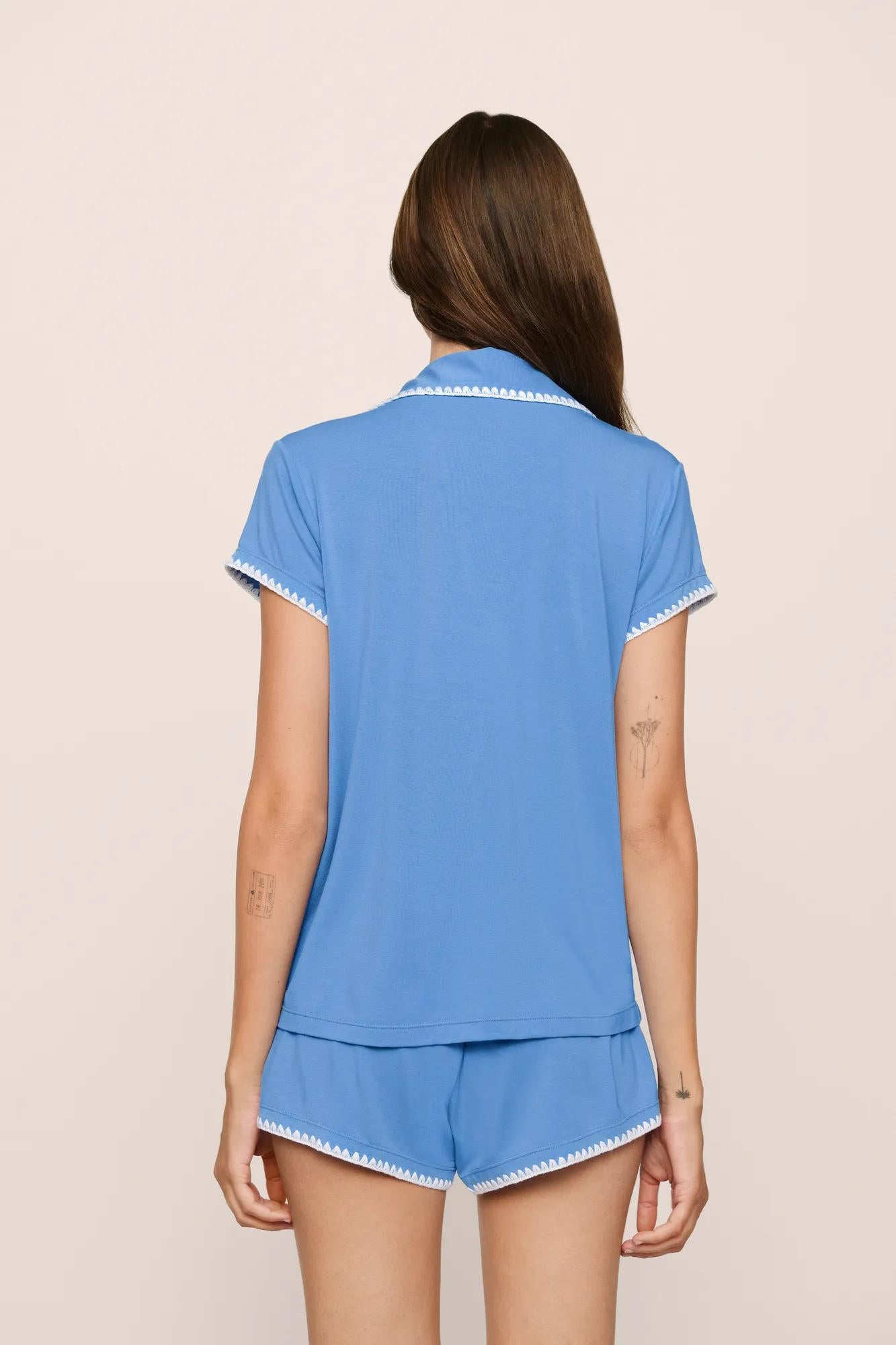 Model is wearing Frida TENCEL™ Modal Shortie Short PJ Set in CornflowerBlue/White