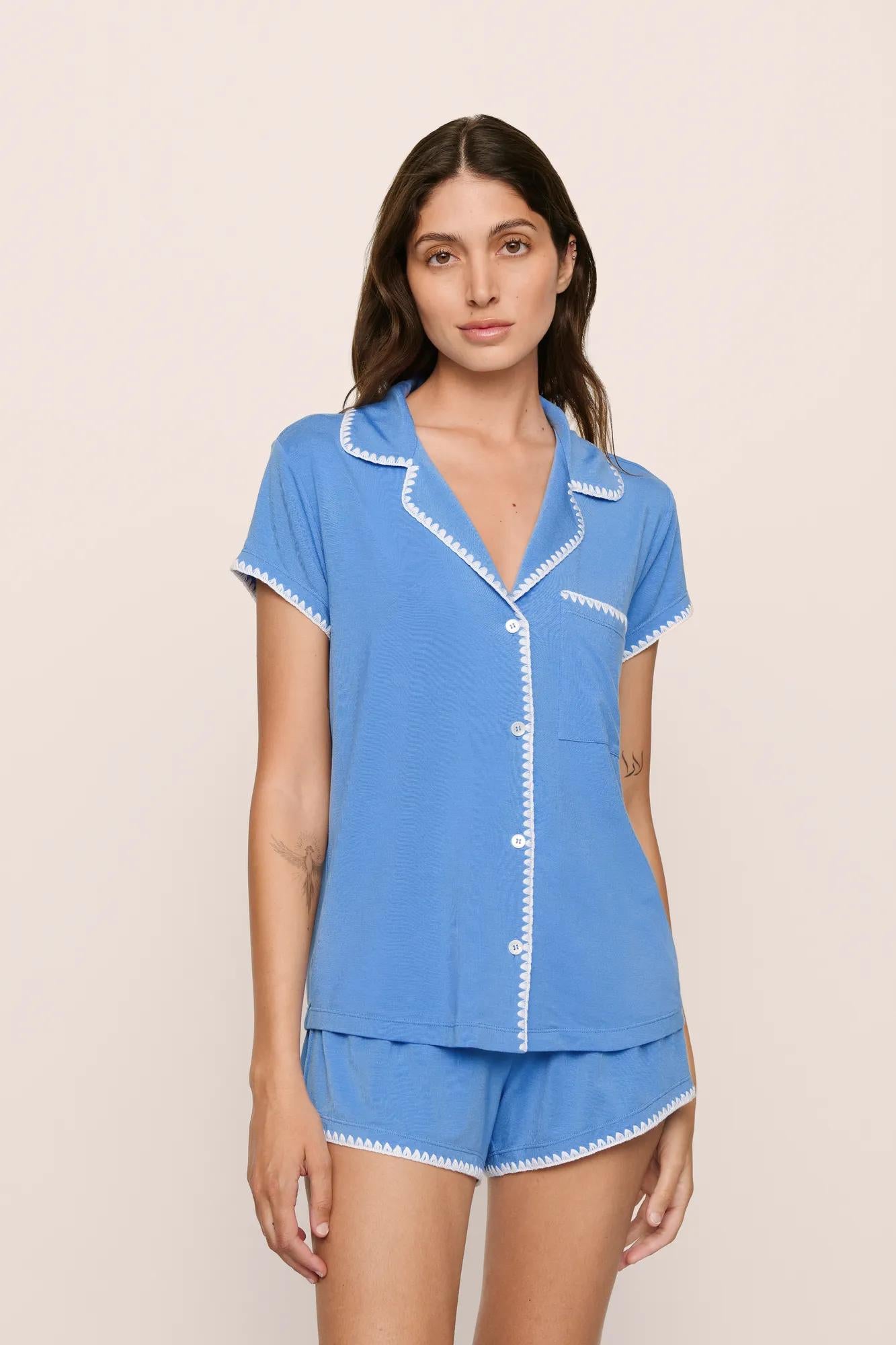 Model is wearing Frida TENCEL™ Modal Shortie Short PJ Set in CornflowerBlue/White