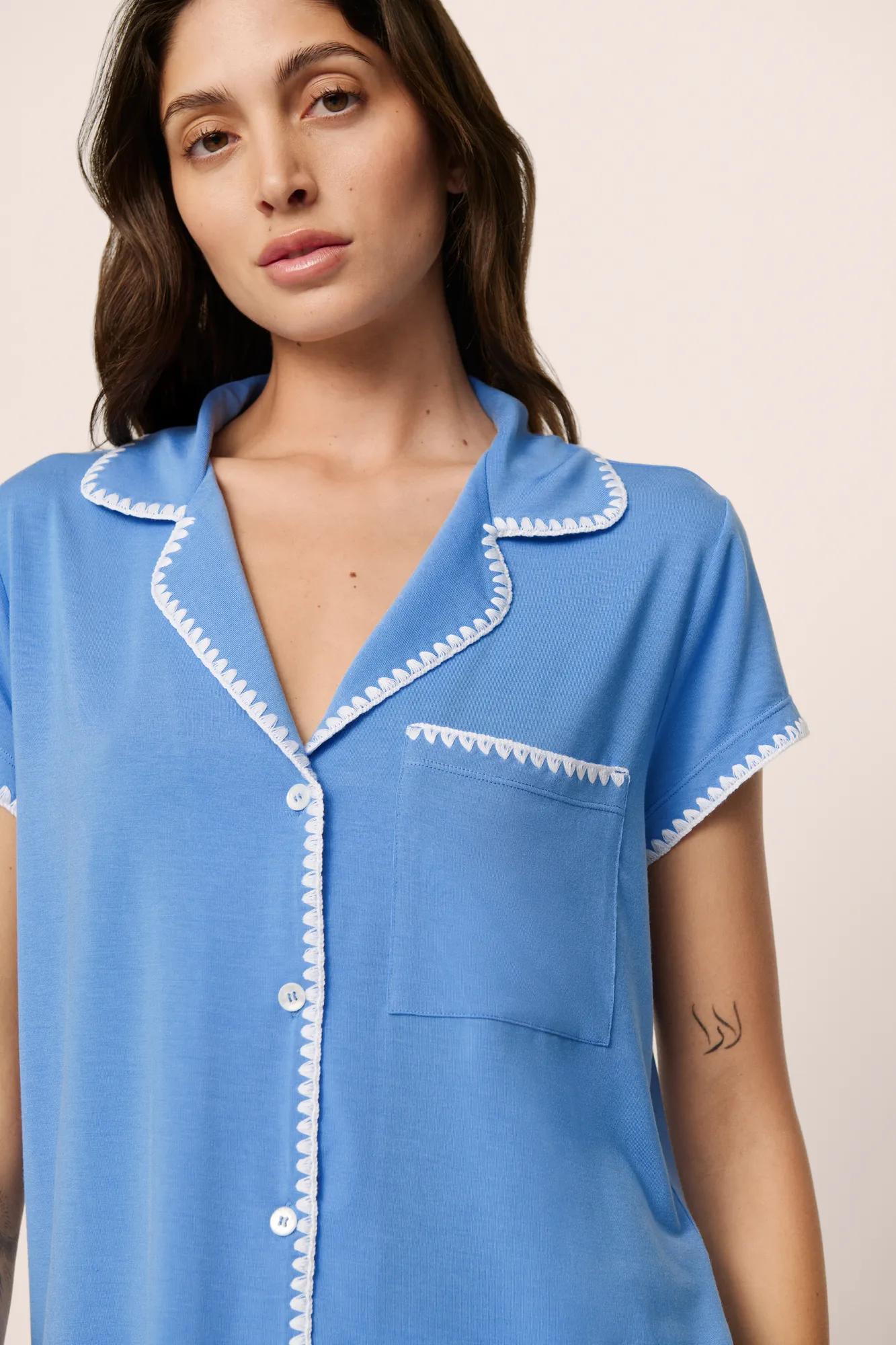 Model is wearing Frida TENCEL™ Modal Shortie Short PJ Set in CornflowerBlue/White
