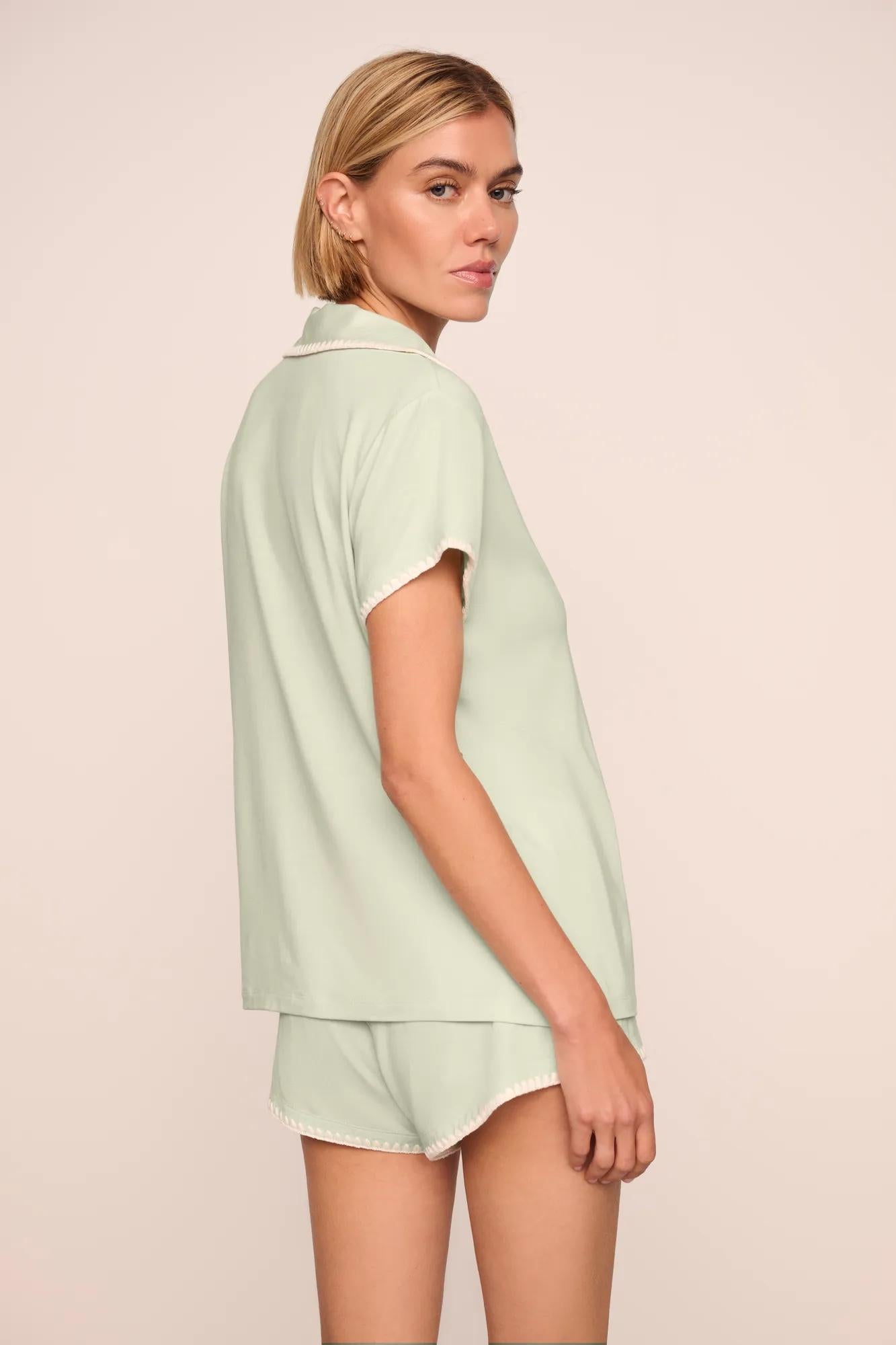 Model is wearing Frida TENCEL™ Modal Shortie Short PJ Set in Mint Cream/Ivory
