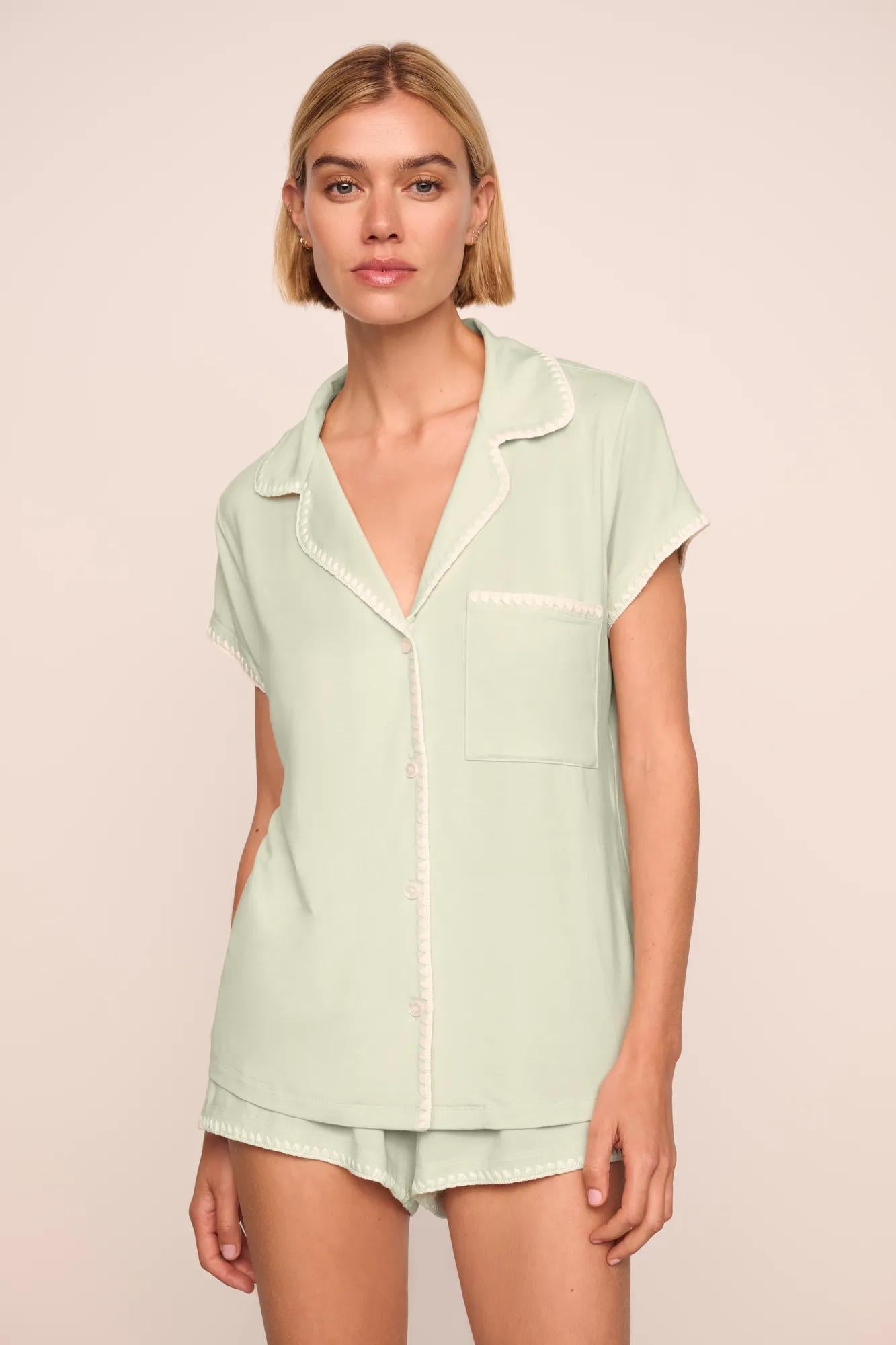 Model is wearing Frida TENCEL™ Modal Shortie Short PJ Set in Mint Cream/Ivory