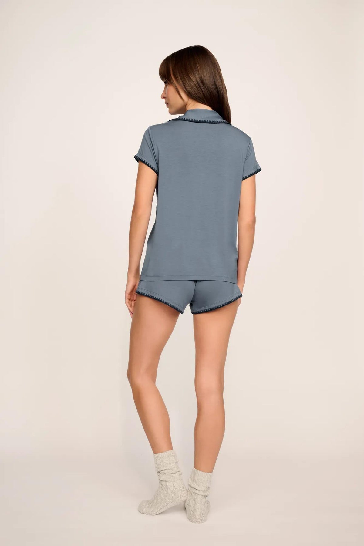 Model is wearing Frida TENCEL™ Modal Shortie Short PJ Set in Moonlight Blue/Navy