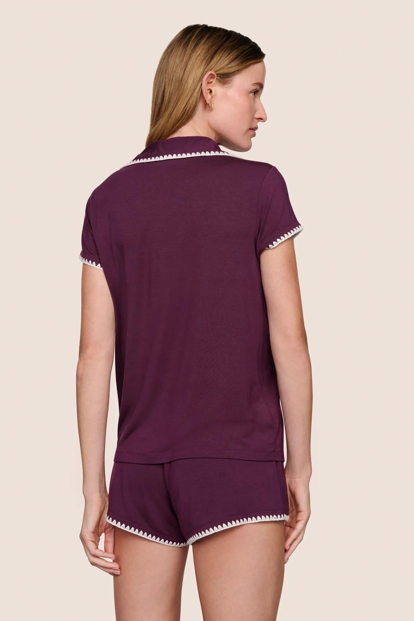 Model is wearing Frida TENCEL™ Modal Shortie Short PJ Set  in Plum/Ivory
