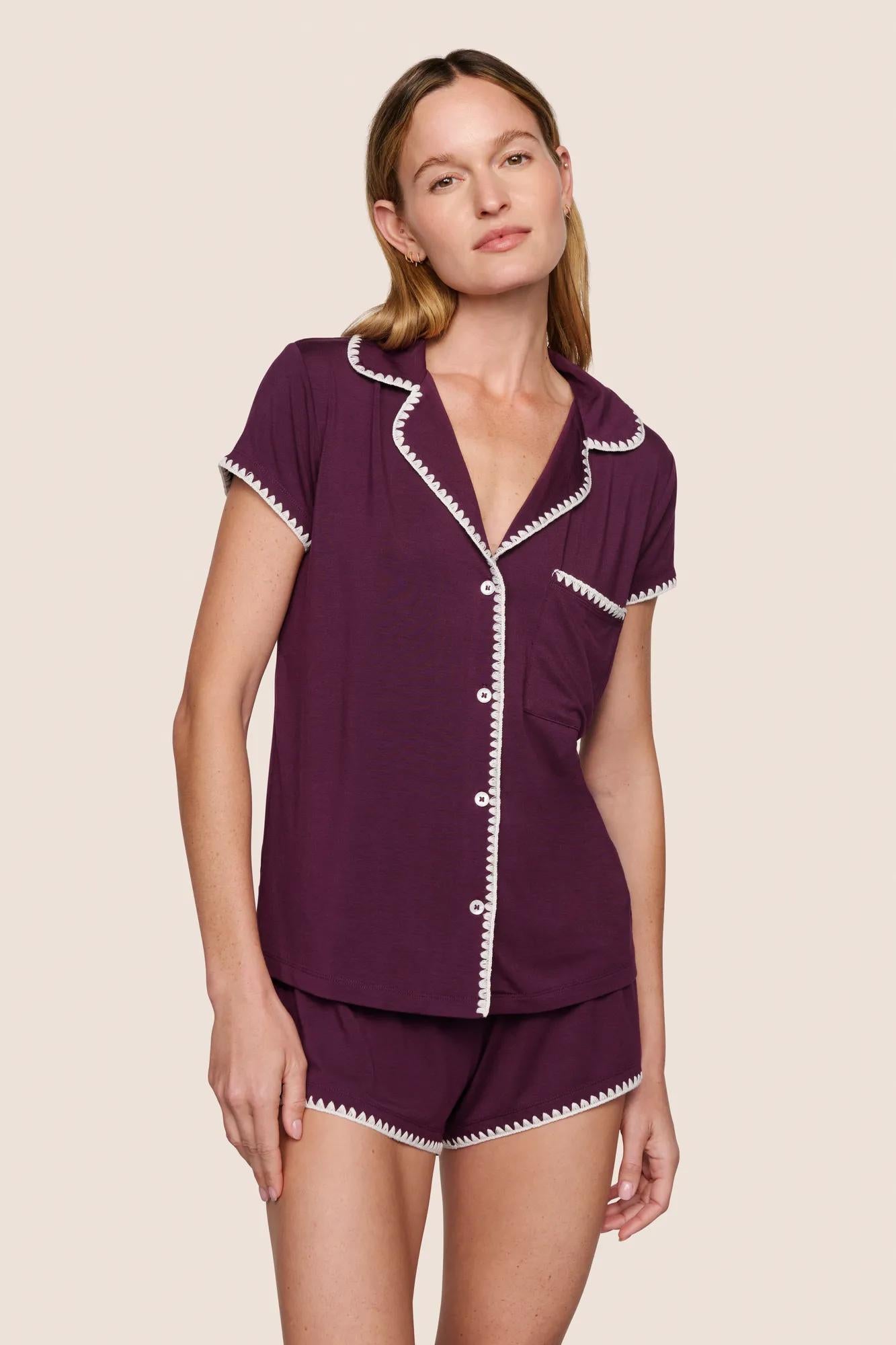 Model is wearing Frida TENCEL™ Modal Shortie Short PJ Set  in Plum/Ivory