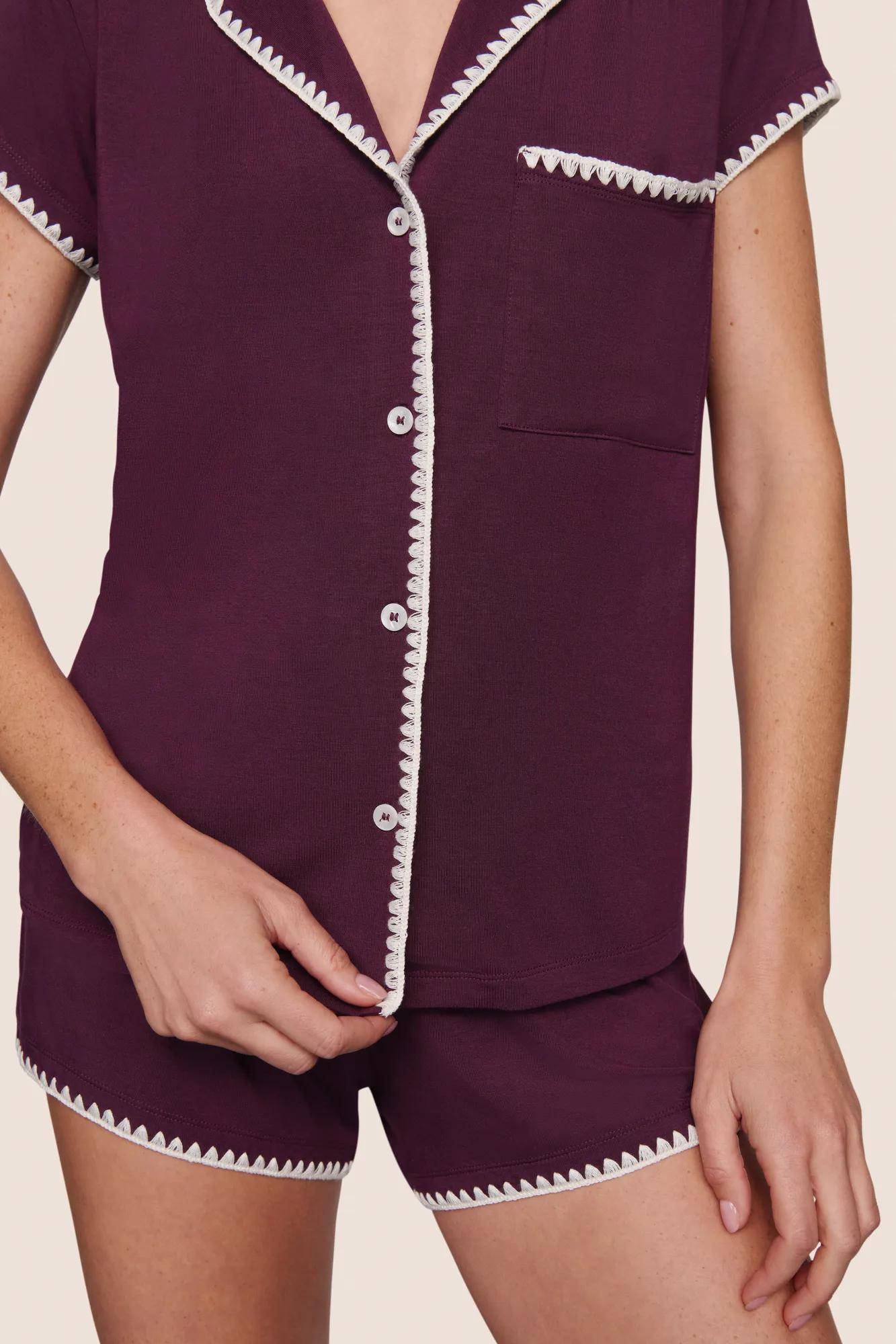 Model is wearing Frida TENCEL™ Modal Shortie Short PJ Set  in Plum/Ivory